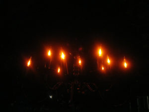 Halloween chandelier at night.